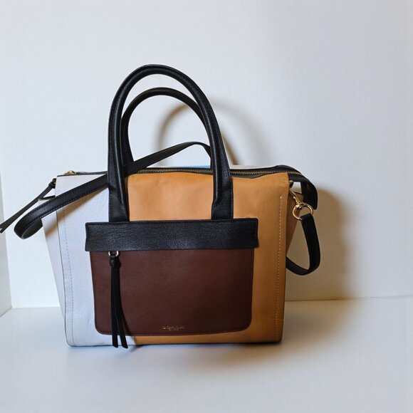 Coach Bleecker Riley 30150 Colorblock Leather Satchel Tote Bag Tan Black White - Picture 1 of 16